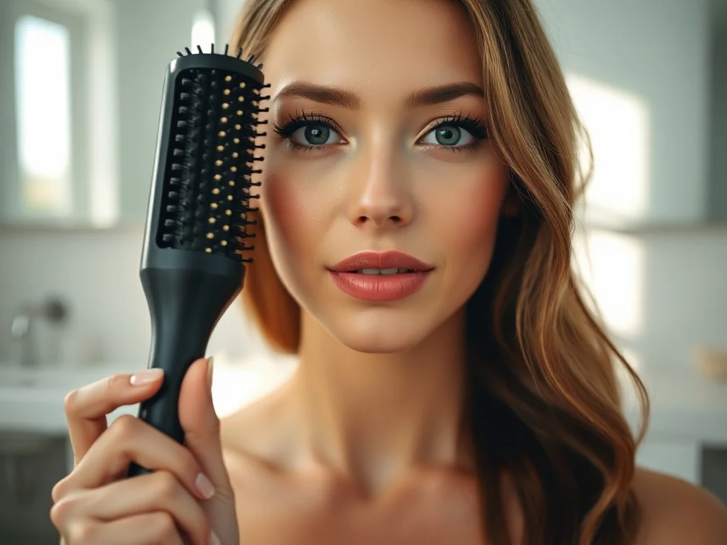 Kobieta stylizuje włosy za pomocą obrotowej szczotki Babyliss Pro w jasnej, nowoczesnej łazience.