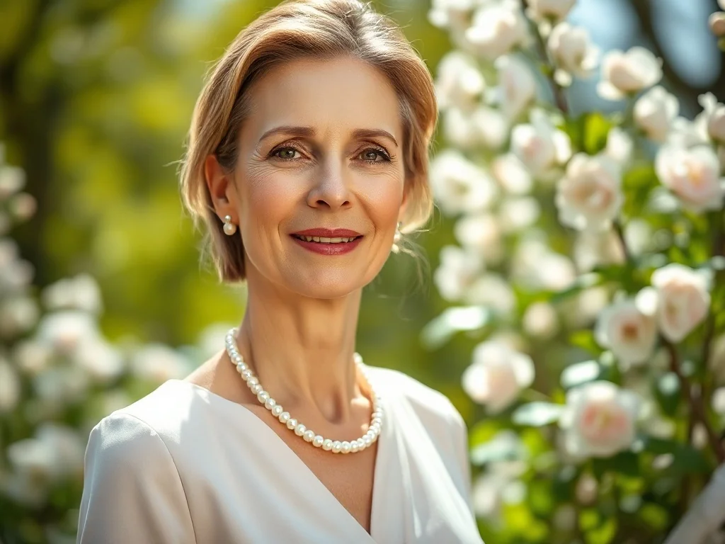 Elegancka, dojrzała kobieta w pastelowej sukience i perłach, uśmiechnięta w słonecznym, wiosennym ogrodzie.