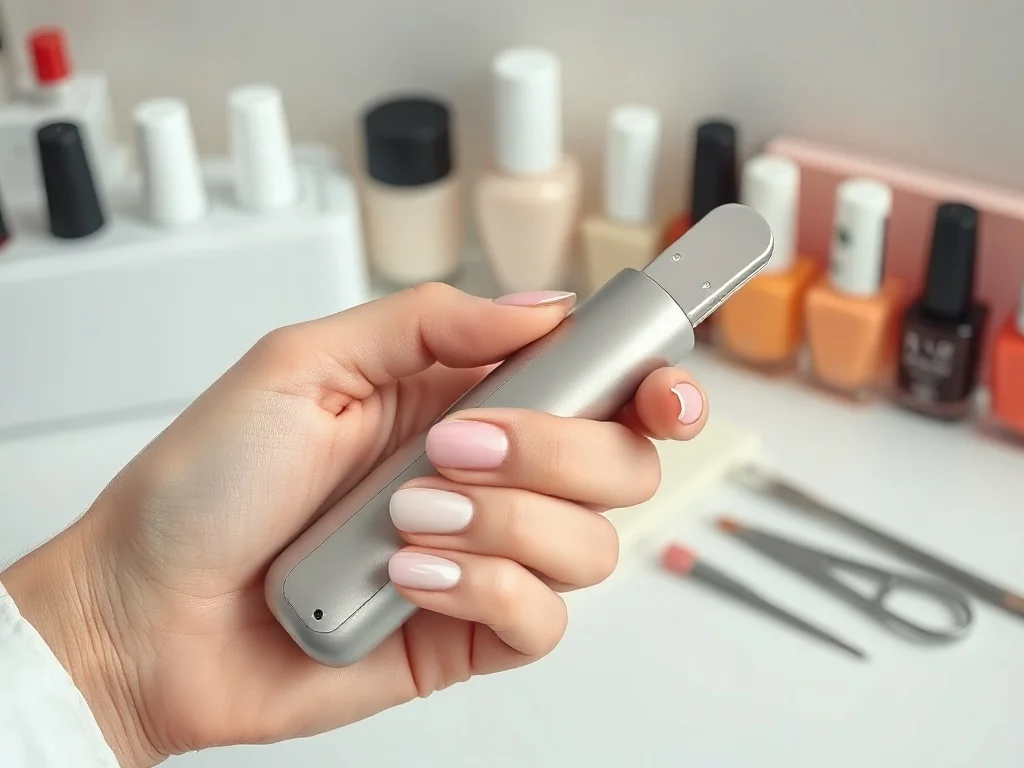 Profesjonalna frezarka do paznokci w dłoni stylistki na tle stanowiska z akcesoriami do manicure.