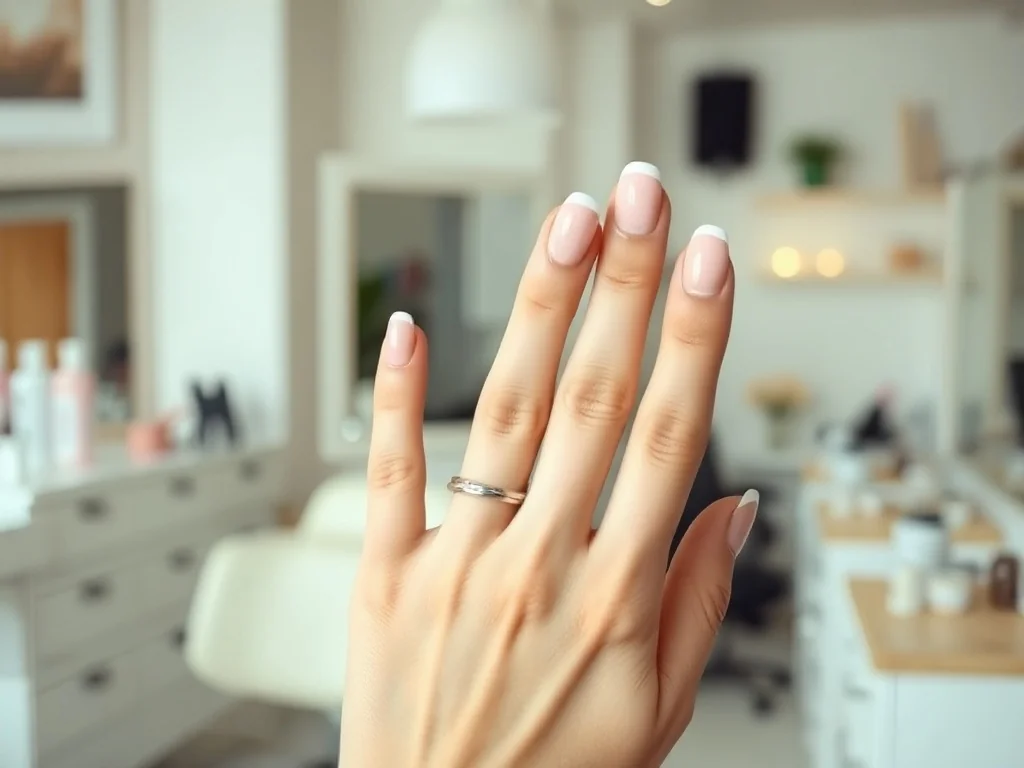 Zadbane dłonie z profesjonalnym manicure żelowym w pastelowym odcieniu w jasnym wnętrzu salonu kosmetycznego.
