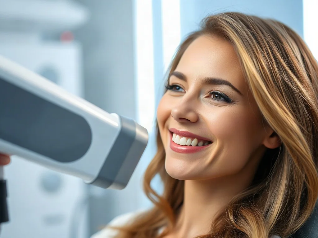 Uśmiechnięta kobieta podczas profesjonalnego zabiegu laserowego zagęszczania włosów w nowoczesnej klinice.