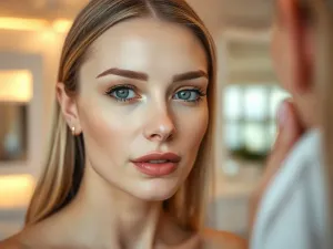 Elegancka butelka serum do włosów Nashi Argan na marmurowym blacie w nowoczesnej łazience.